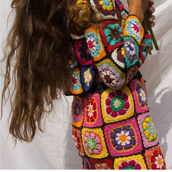 EUC Wild Orange Tree Crochet Granny Square Cardigan Sweater Boho - Picture 9 of 11